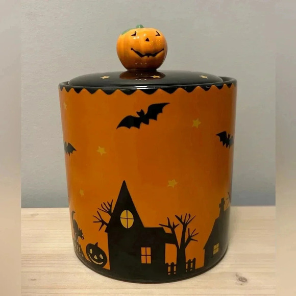 Halloween Canister Spooky Town Witch, Moon, Stars, Bats, Owl, Black Cat, Pumpkin - Picture 1 of 9